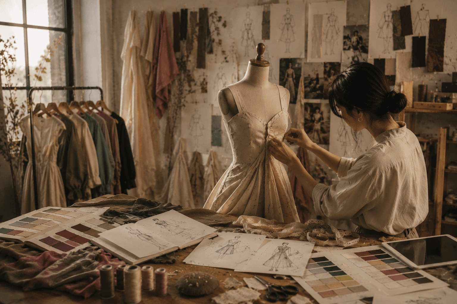 A designer pinning a calico toile onto a dress form in a studio hung with fabric swatches.