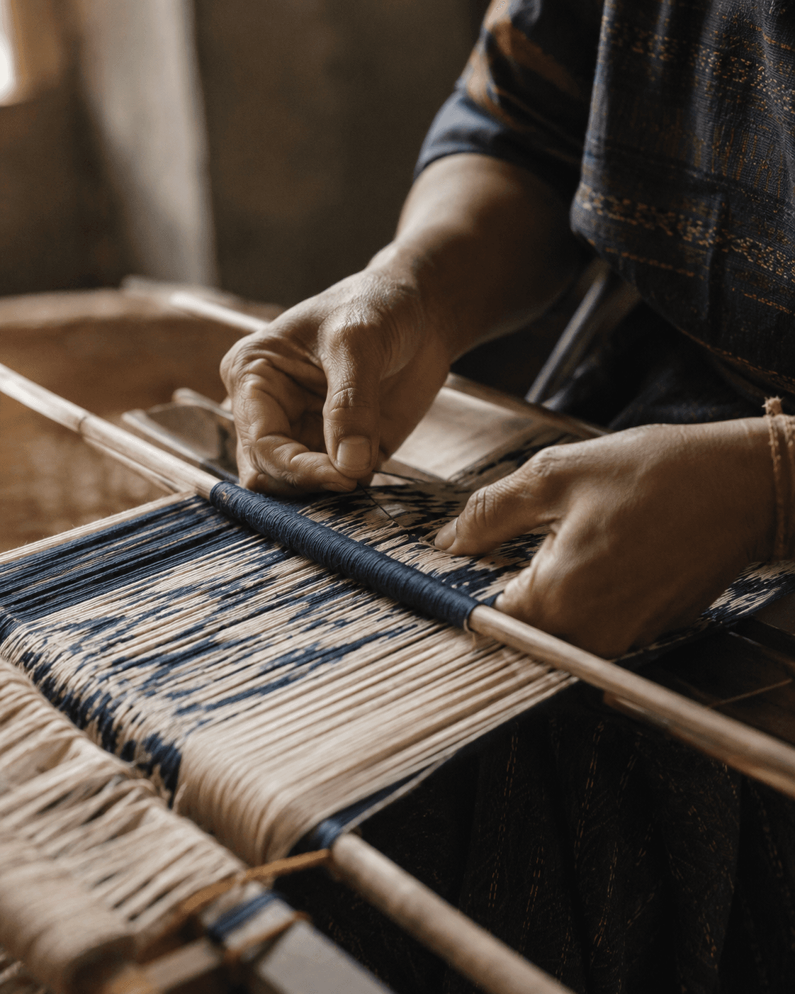 A weaver working at a loom in a workshop.