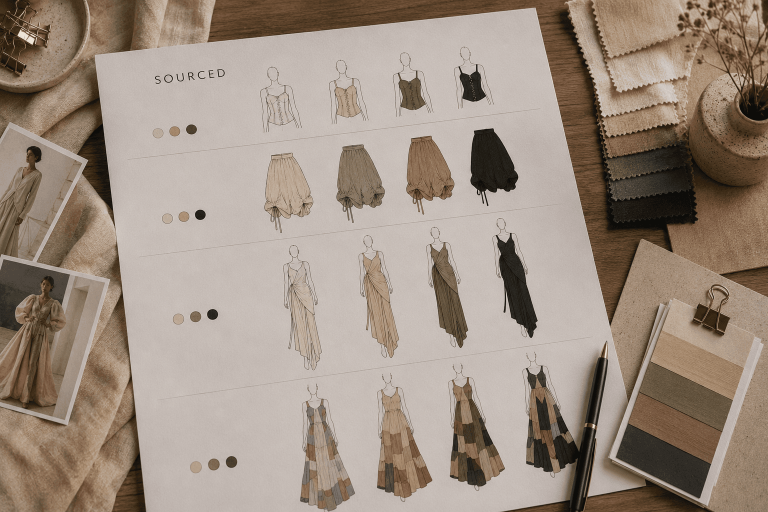 A line sheet of garment drawings laid out with fabric swatches and colour chips.